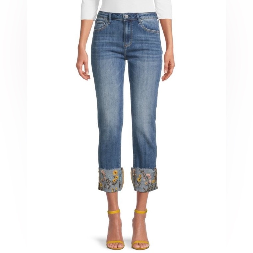 DRIFTWOOD Blue Cropped Jeans with Floral Embroidered Cuffs